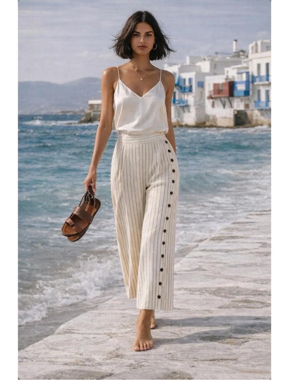 Anthropologie Cream Striped High-Waist Cropped Wide-Leg size 4